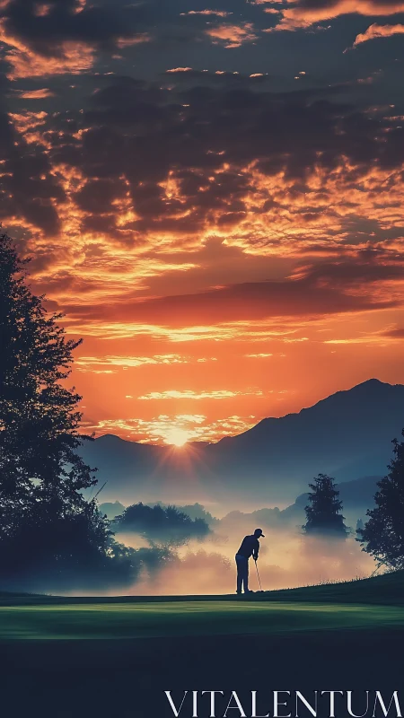 Sunrise golfer finds calm focus on a misty mountain green.