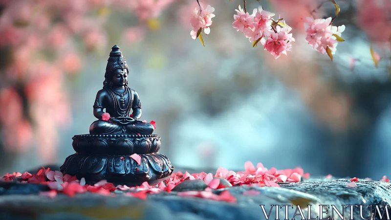 Bronze Buddha statuette on lotus base under soft sakura bokeh