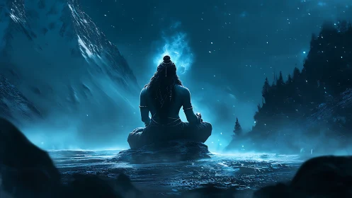 Midnight mystic meditator crowned in glacier-blue silence.
