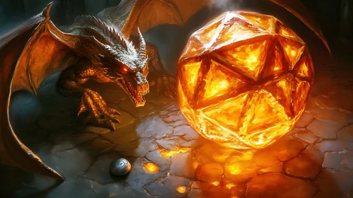 Fire dragon guards glowing molten d20 crystal sphere