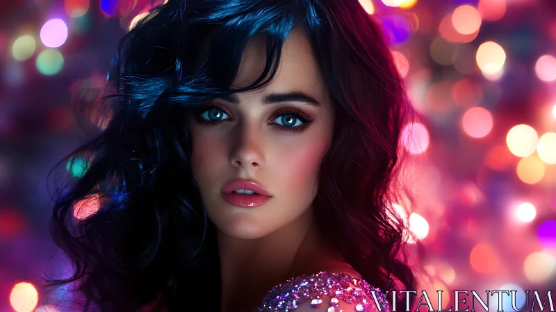 Neon-lit portrait captures blue-eyed woman amid bokeh glow.