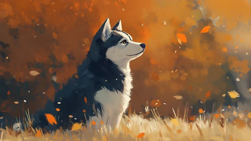 Husky daydreaming quietly in swirling autumn leaves.