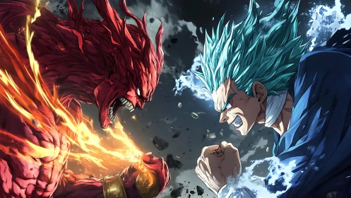 Blazing titan and storm-haired warrior collide in fury