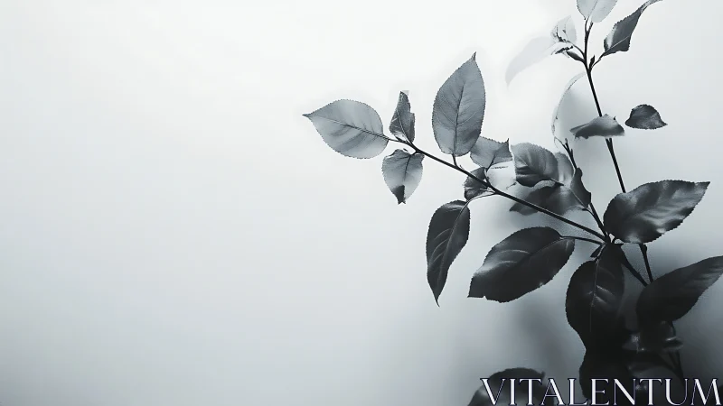 Minimalist black and white leaf branch against soft gradient background.