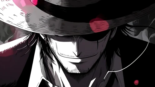 Shadowed swordsman in wide-brim hat under crimson flares.