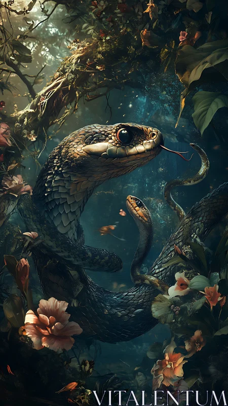 Bioluminescent forest serpent entwined with floral overgrowth.