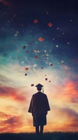 Graduate gazes at soaring caps under a glowing twilight sky