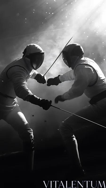Monochrome épée duel under directional backlit arena haze
