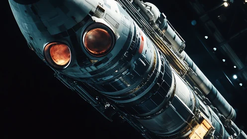 Close-up spacecraft engine cluster under hangar lights.