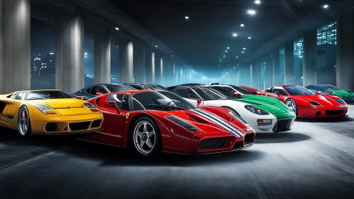Underpass lineup of hypercars in dramatic studio light.