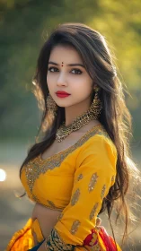 Shallow‑depth portrait of woman in ornate yellow lehenga outdoors