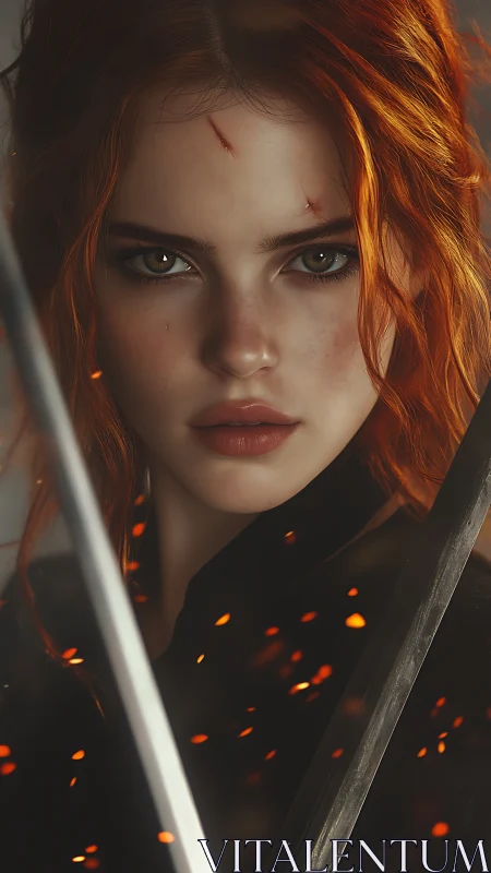 Scarred red-haired swordswoman framed by twin blades.
