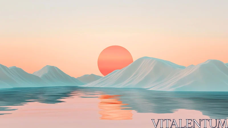 3D pastel seascape with glacial forms and sun disc horizon.