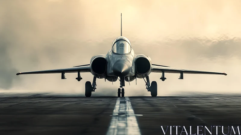 Sleek fighter jet poised on the runway in misty sunrise light.