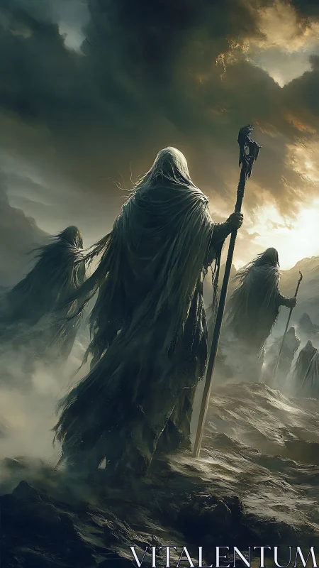 Hooded wraiths advance through a stormlit desolate abyss