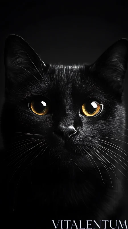 Black Cat with Luminous Golden Eyes Against Dark Background