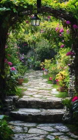 Stone garden pathway under vine arch with potted flowers.