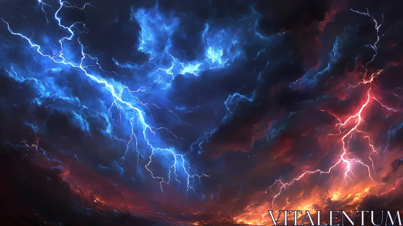 Raging storm sky glows with vivid blue and red lightning