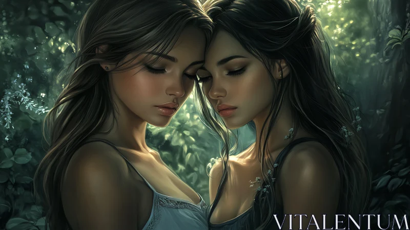 Digital painting of twin women in luminous forest chiaroscuro.
