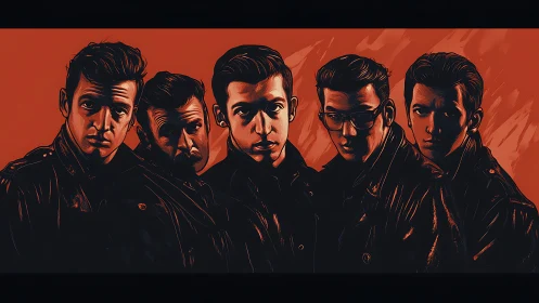 Five brooding men stand united against a stark red void