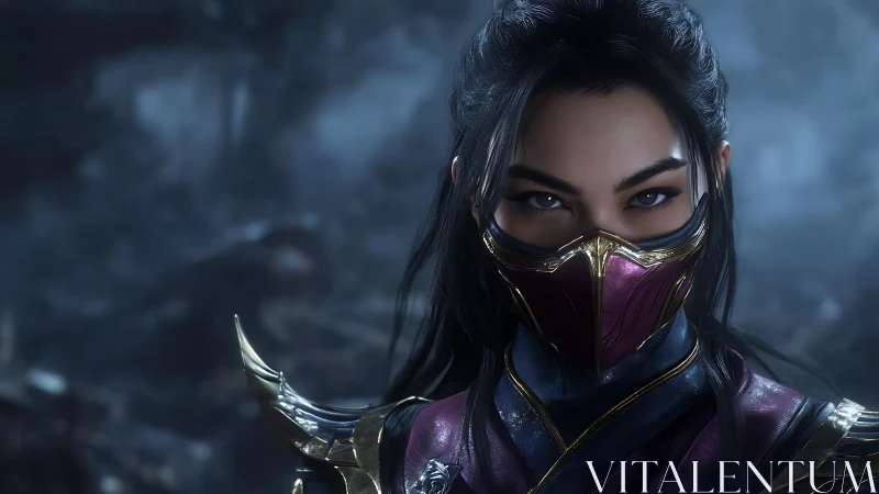 Masked female warrior with armor in misty battle scene.