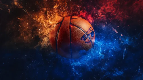 Cosmic basketball ignites in dueling fire and electric ice.