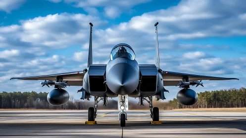 Front-facing combat jet under clear stratocumulus sky