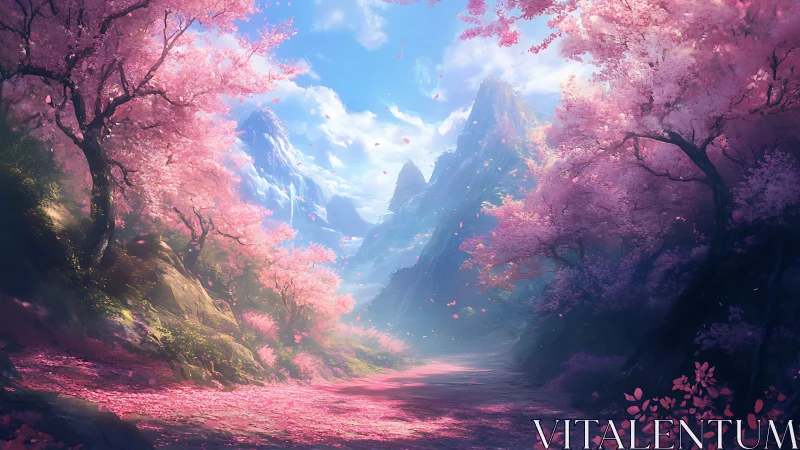 Radiant valley of cherry blossoms with atmospheric mountain depth
