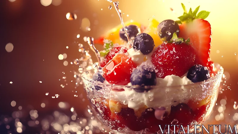 Glass bowl of mixed berries with cream and water splashes.