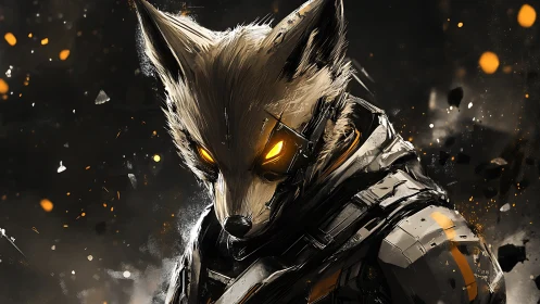 Armored cybernetic fox warrior amid blazing embers.