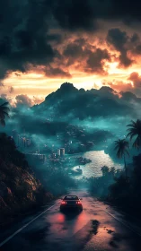 Lone car descends toward neon bay city at stormlit sunset