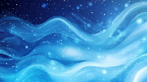 Abstract flowing blue waves with glowing particles, digital art.