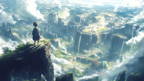 Solitary youth surveying vast sunlit floating plateaus.
