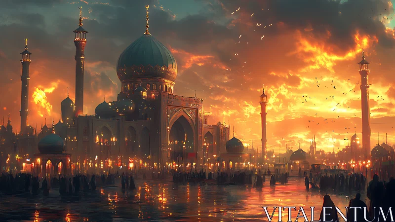 Domed mosque complex stands against dense sunset sky