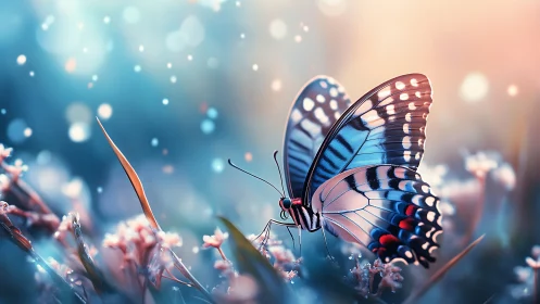 Gentle blue butterfly pauses in a dreamy pastel meadow