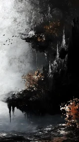 Moody cliffside landscape wrapped in mist and ember light.