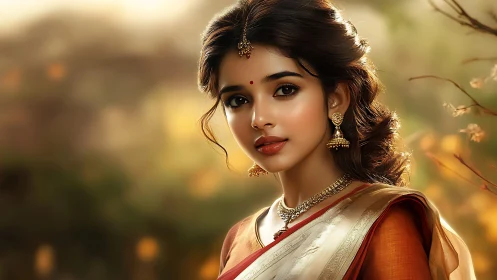Digital portrait of Indian woman in silk saree, warm bokeh light