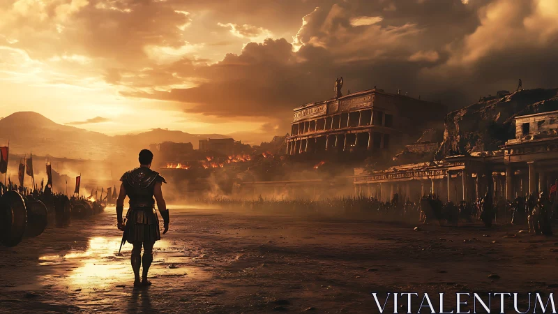 Lone ancient warrior facing burning city at dusk.