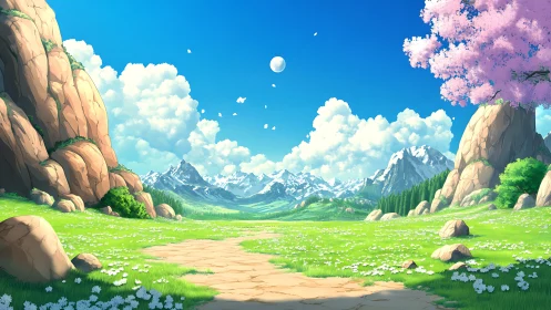 Mountain valley path with spring meadow and distant peaks.