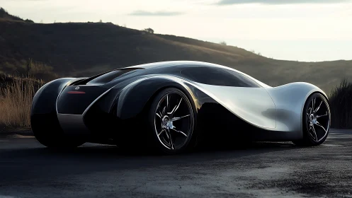 Sleek concept car glides along a quiet open mountain road