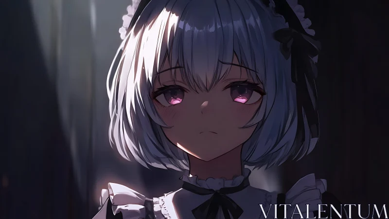 Low-key lit anime maid portrait with melancholic gaze.