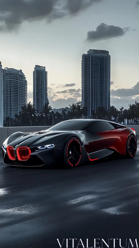 Aerodynamic hybrid BMW hypercar on wet urban rooftop at dusk.