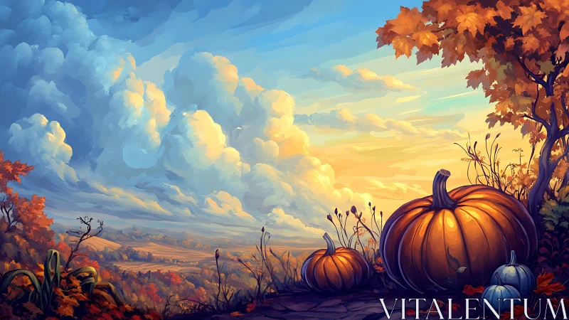 Volumetric autumn clouds over radiantly lit pumpkin ridge.