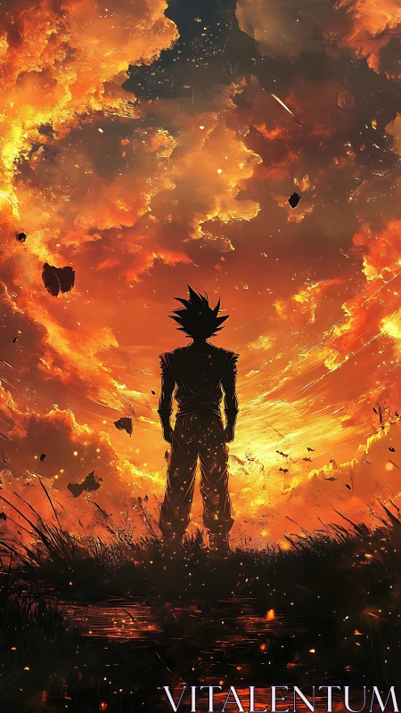 Fiery warrior silhouette before apocalyptic burning sky.