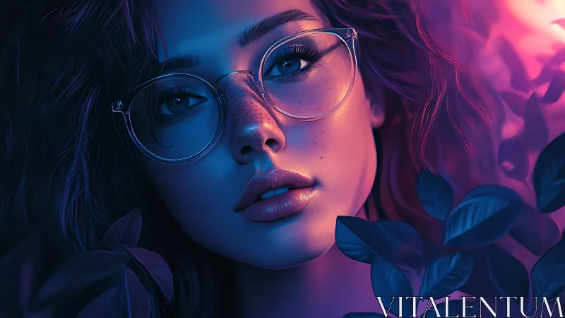 Neon-lit portrait with botanical foreground and glass refraction.