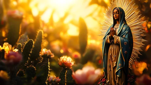 Sunlit Marian statue amid blooming cacti in golden bokeh field
