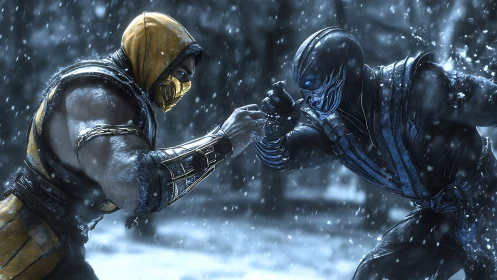 Two armored fighters clash in snowy, cinematic close combat