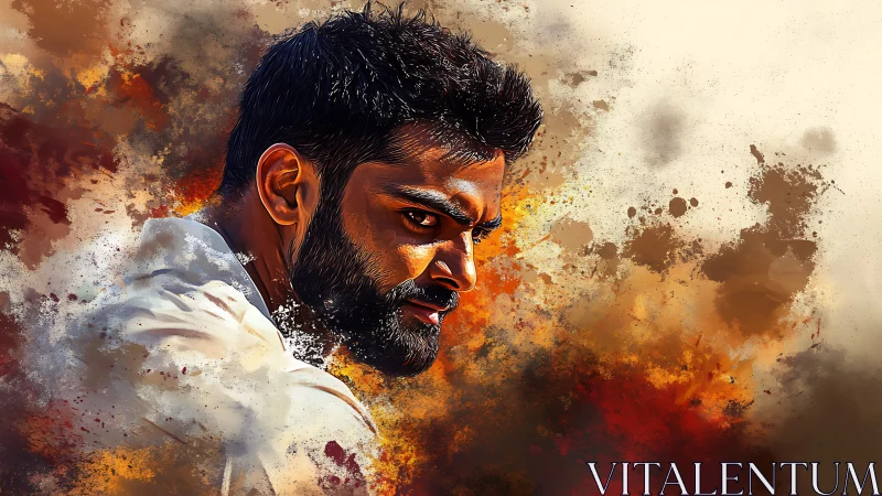 Bearded man in profile rendered with dynamic paint splashes