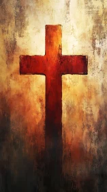 Burnished crimson cross glowing in weathered twilight haze.
