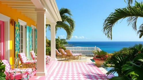Candy colored veranda lounges boldly above turquoise sea